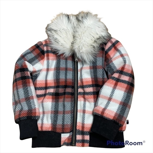 Tommy Hilfiger Faux Fur Collar Jacket 3T Black Pink Plaid Girls Full Zip - Picture 1 of 6